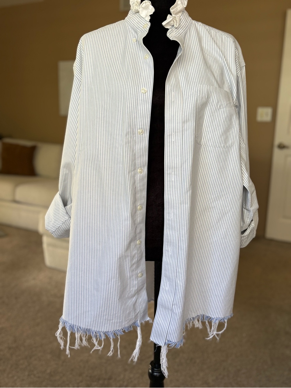 Reworked Light Blue Pinstripe LL Bean Button-Up Shirt with Frayed Hem